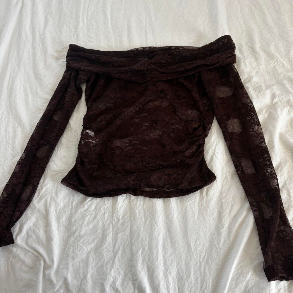SHEIN Lace Off The Shoulder Going Out Medium Sheer Concert Women's Brown Blouse